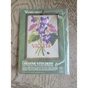 Vogart Crafts Violets Creative Stitchery Crewel Embroidery Kit Flowers 5x7 VTG